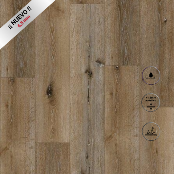 Suelo de Pvc de 6 ,5 mm marrón Hiper Parquet colección Wood Vinyl SPC modelo Roble Caramelo